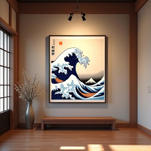 葛飾北斎の名作「神奈川沖浪裏」の浮世絵版画が、額装されて美しい和室に飾られています。波の力強さが際立つ。