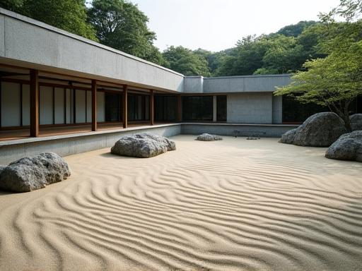 京都のモダンな建築と伝統的な枯山水の庭が融合した風景。岩と砂紋が織りなす静寂な美しさに、現代美術の要素が加わります。