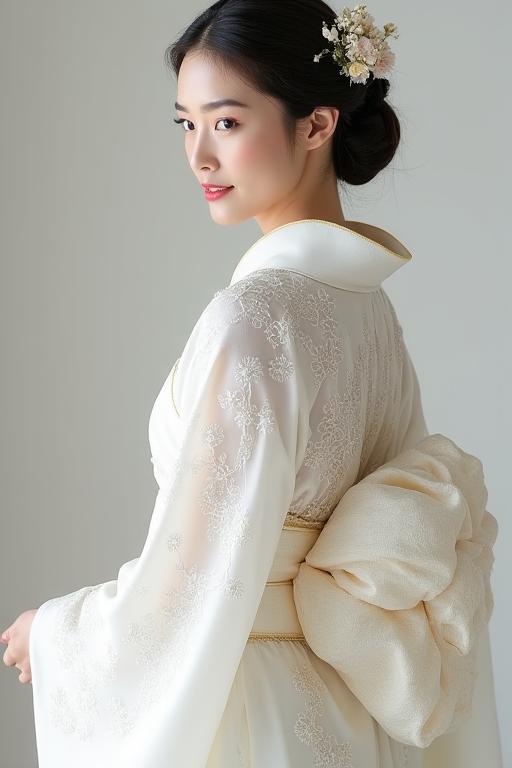 日本の伝統的な結婚式で花嫁が身につける、豪華な白無垢。細やかな刺繍と絹の光沢が、幸福な瞬間を象徴しています。