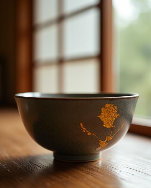 金継ぎによって美しく修復された陶器の鉢が、京都の古い町家の一角にある静かなアトリエの窓辺に置かれている。温かい光が金色の継ぎ目を照らしている。