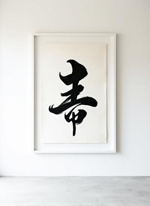 ダイナミックな書道作品が、ミニマルな空間の白い壁に飾られている。力強い筆致が、見る者に深い印象を与えます。