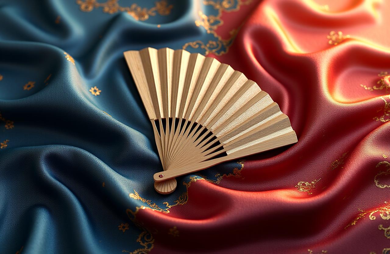 Elegantly draped kimono fabric with a traditional Japanese fan, glowing in soft light.