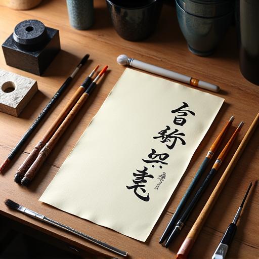 高品質な書道筆、硯、墨、そして緻密に作られた和紙が、木製の作業台に整然と配置されている。光が道具の質感を引き立てる。