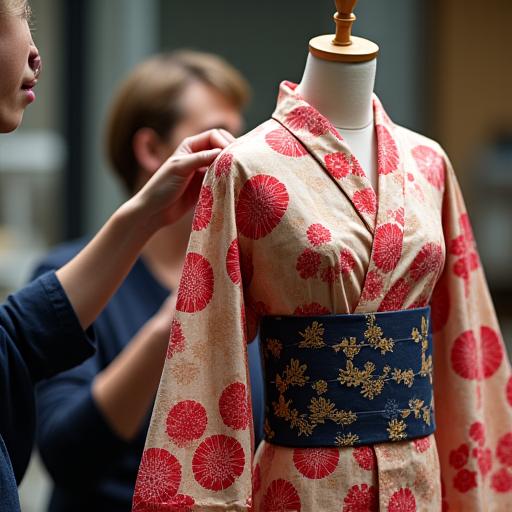 熟練の職人が、日本の伝統的な吉祥文様が鮮やかに描かれた bespoke の振袖を、丁寧にトルソーに合わせている様子。繊細な絹の光沢と柄が細部までわかる。