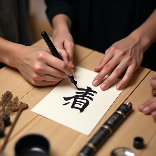 墨汁に浸した上質な熊野筆を構え、和紙に集中して文字を書く参加者の手元。周りには習字道具が並べられている。