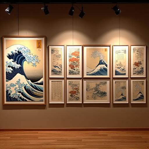 厳選された浮世絵版画が、京都の伝統的な町屋のギャラリーの壁に美しく展示されている。葛飾北斎の『神奈川沖浪裏』などが視覚的に強調されている。